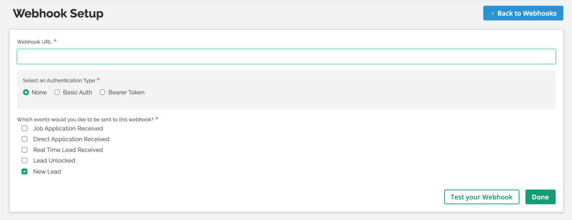 Webhook setup screenshot